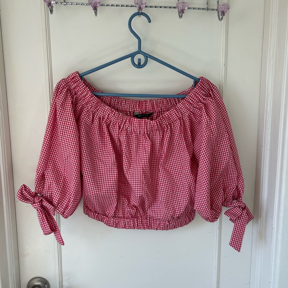 Zara Red and White Smocked Puff Sleeve Blouse